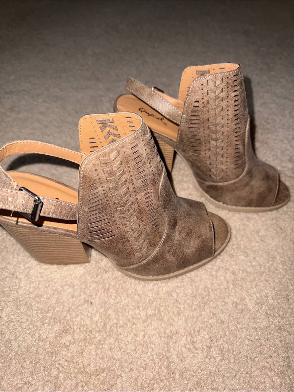 Qupid Taupe Laser-Cut Peep-Toe Slingback Heels